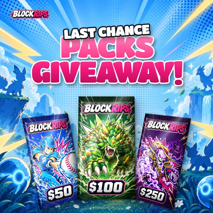 A vibrant promotional graphic announces a "Last Chance Packs Giveaway!" for Block Rips, displaying three booster packs priced at $50, $100, and $250, each featuring distinct fantasy characters like a baseball-themed warrior, a green dragon, and a purple sorceress. The image ties directly to the post, emphasizing the urgency to enter before the winners are drawn.