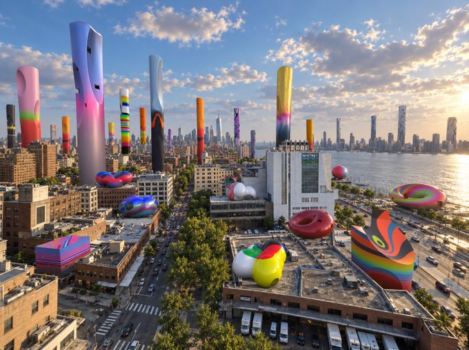 An aerial view of a city skyline with colorful, modern architectural installations and sculptures scattered across rooftops and buildings under a cloudy sky.