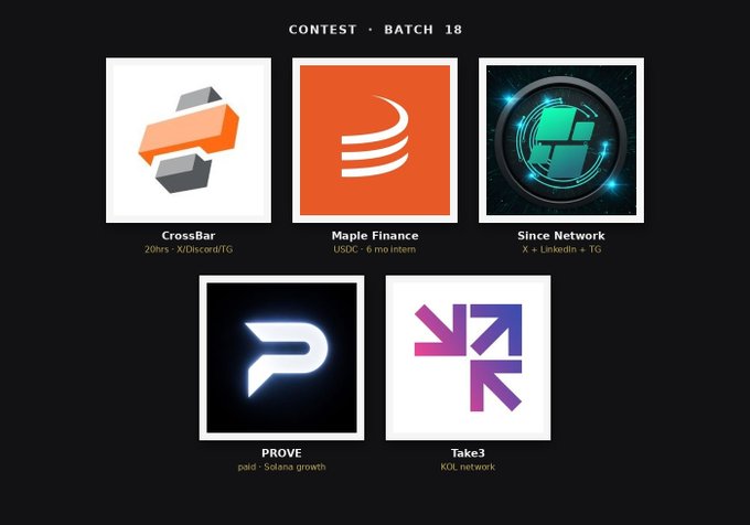 A graphic titled 'CONTEST · BATCH 18' displaying five crypto/blockchain project logos and descriptions: CrossBar (20hrs · XDisCord/TG), Maple Finance (USDC · 6 mo intern), Since Network (X + LinkedIn + TG), PROVE (paid · Solana growth), and Take3 (KOL network).