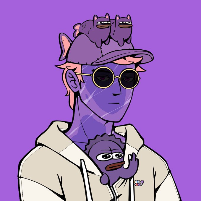 A purple-skinned character wearing round sunglasses and a cap with two small purple cats perched on top, while holding another wide-eyed purple creature against a matching purple background, with a "Drip Drop" watermark visible. The artwork fits the post's purple-themed crypto aesthetic, showcasing an NFT by Dripster that aligns with the user's "purple maxi on Monad" persona.