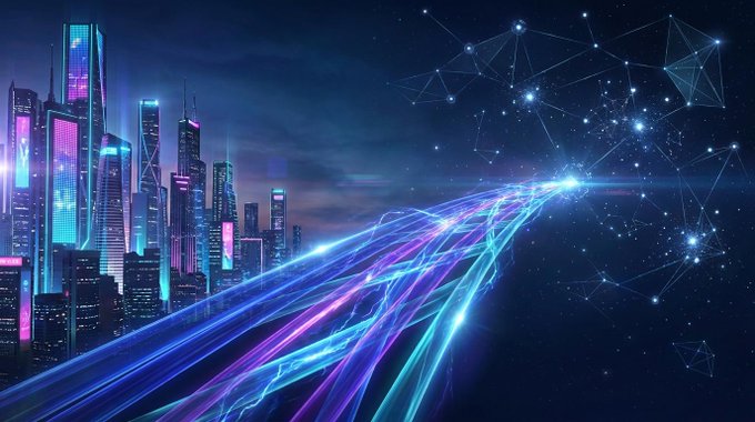 A futuristic digital illustration of a neon-lit nighttime cityscape with vibrant blue and purple light trails and a network of connected star nodes in the sky.