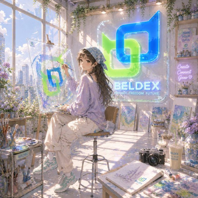 An anime-style illustration of a girl painting at an easel in a sunlit studio, with a neon logo reading 'BELDEX PRIVACY. FREEDOM. FUTURE.' displayed on the wall.
