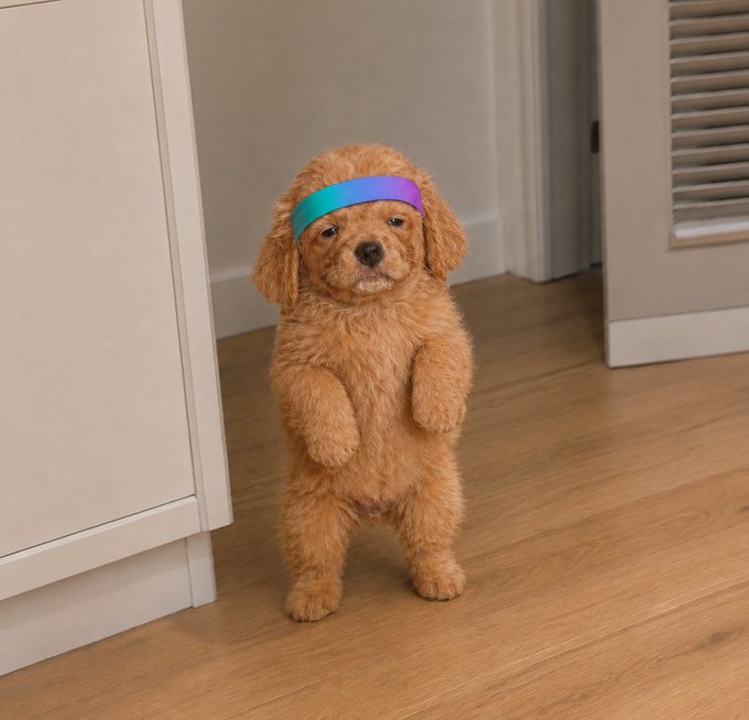 A fluffy brown puppy named Stewie stands on hind legs wearing a colorful tie-dye headband, capturing the playful "rH to Solana" migration spirit referenced in the caption. The image adds a charming, humorous touch to the crypto meme about Stewie making the blockchain switch.