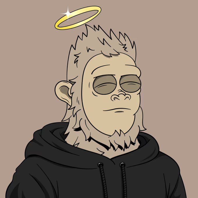 A 2D cartoon illustration of a weary-looking monkey or ape with spiky fur, closed eyes, and a golden halo hovering above its head, wearing a dark hoodie against a plain brown background.