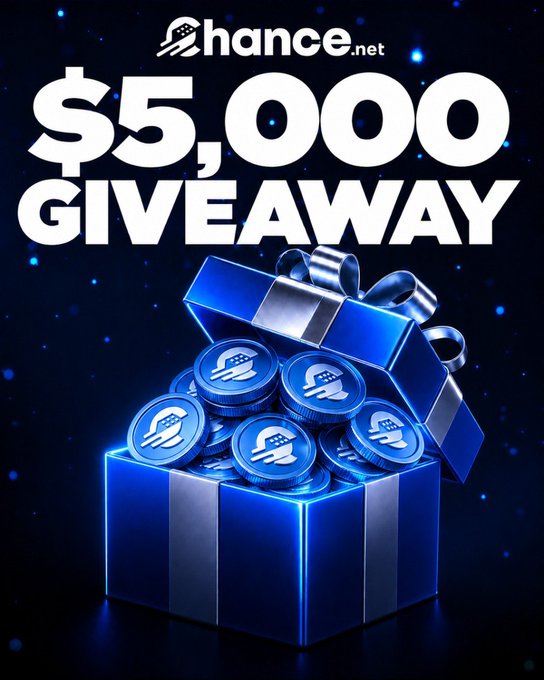The image is a promotional graphic for a "$5,000 GIVEAWAY" by chance.net, featuring an open blue gift box overflowing with branded crypto coins against a starry background, visually reinforcing the post's offer of easy money for participants who follow the listed steps.
