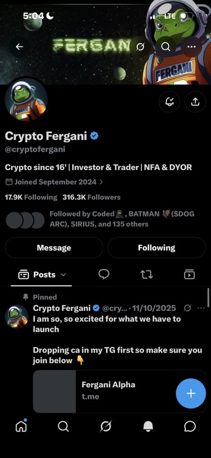 A Twitter/X profile for 'Crypto Fergani' (@cryptofergani) shows 316.3K followers, with a pinned post about an upcoming launch and a link to Fergani Alpha on Telegram.