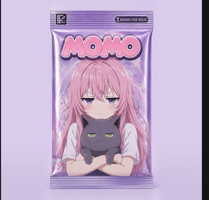 An anime-style illustration of a pink-haired character holding a grumpy black cat, packaged in a purple wrapper labeled 'MOMO' and '1 MOMO PER PACK'.