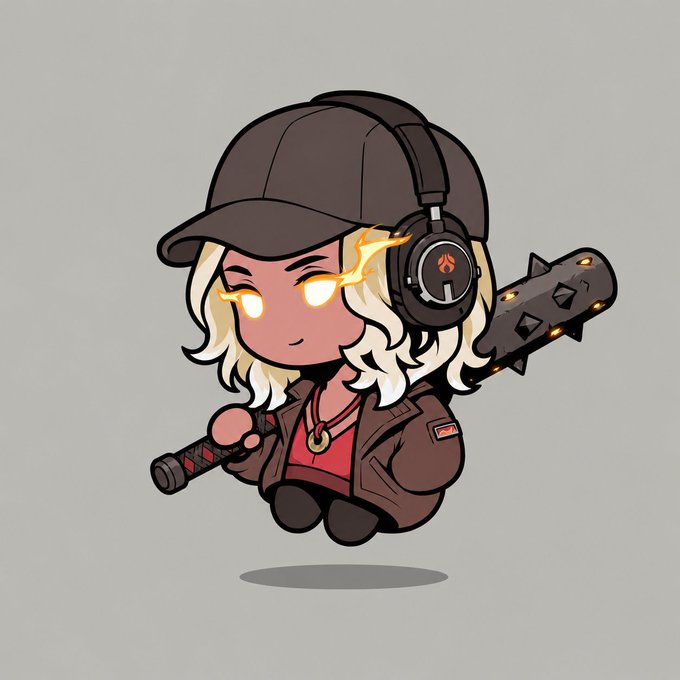 A chibi-style cartoon character with blonde hair, a black cap, gaming headset, and glowing yellow eyes, holding a spiked bat over their shoulder.