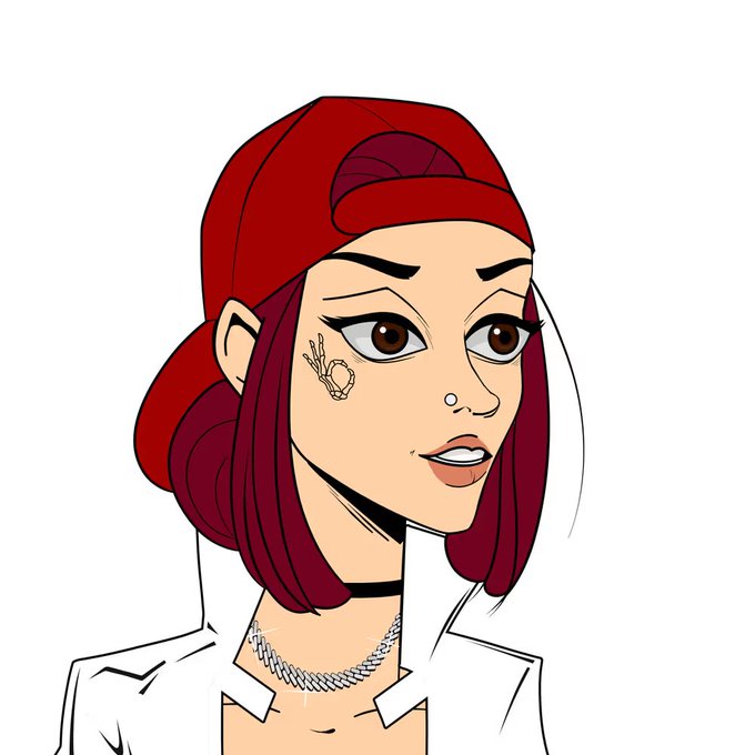 A cartoon-style portrait of a woman with red hair wearing a backward red baseball cap, white collared shirt, silver chain necklace, with a small tattoo under her right eye and a nose stud.