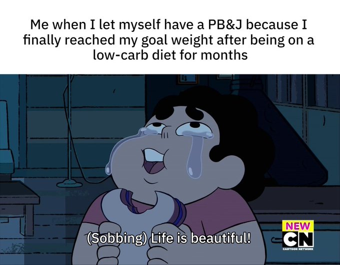The image features a cartoon character, likely a character from a TV show or movie, sitting down with a sad expression as they hold up a sign saying "I let myself have a PB&J because I finally reached my goal weight after being on a low-carb diet for months". The post is about the importance of focusing on actual infrastructure contributions rather than just speculation.