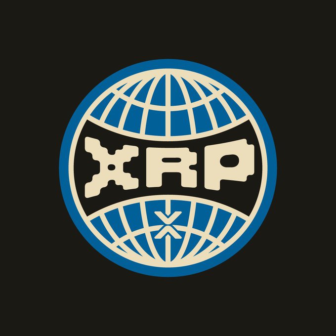 A vintage-style circular logo features the letters "XRP" in a stylized font across the center, flanked by blue globe grid patterns on the top and bottom against a black background.