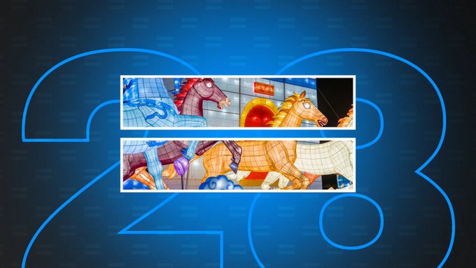 The image features a blue neon sign with the number "28" displayed at the top of two vertical panels. The first panel shows a horse, while the second panel displays an orange horse. The background of both panels is black, creating a striking contrast against the vibrant colors of the horses. The text on the post suggests that the image is related to the cryptocurrency world and could be about the "NV28 Fire Horse" or other cryptocurrencies. It also mentions applications verifying storage conditions directly from blockchain and how it can be used for smart contracts enforcing what storage actually delivers, as well as custom payment logic and storage insurance.