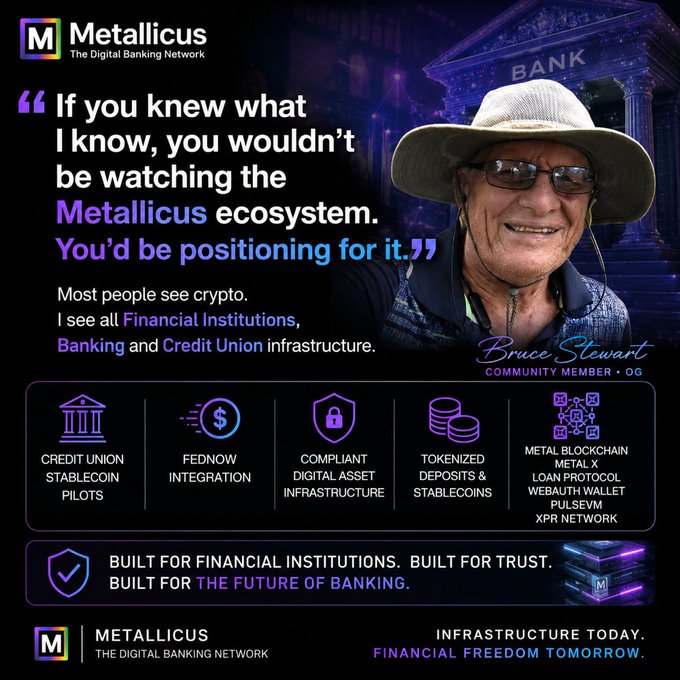 The image features a man wearing a hat, smiling at the camera while standing next to a building with a bank logo. The text in the image reads "If you knew what I know, you wouldn't be watching the Metallicus ecosystem. You'd be positioning for it." This statement is related to the content of the post on the website, which discusses various aspects of the Metallicus ecosystem and its impact on financial freedom and infrastructure.