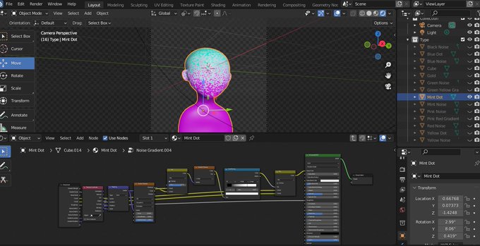 A screenshot of the Blender 3D software interface showing a stylized colorful 'Mirt Out' character being modeled with shader nodes visible at the bottom.