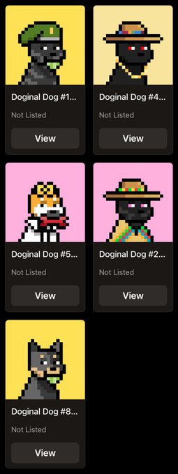 A collection of pixel art character portraits labeled 'Doginal Dog #1...', '#4...', '#5...', '#2...', and '#8...', all marked 'Not Listed' with 'View' buttons.
