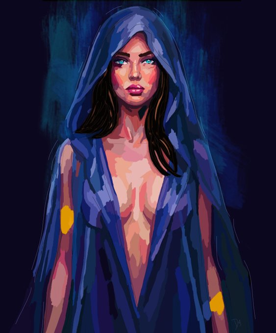 urn of gold and blue liquid, with a woman's face in the center against a dark blue background.