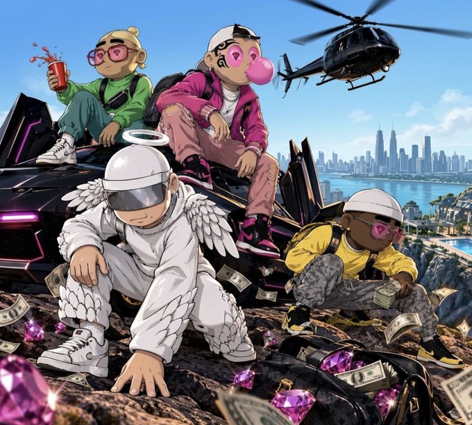 A stylized digital illustration depicting four cartoon characters with heart-shaped pink glasses sitting on a black sports car and rocky cliff, surrounded by floating money, pink gems, and a helicopter, with a city skyline in the background.