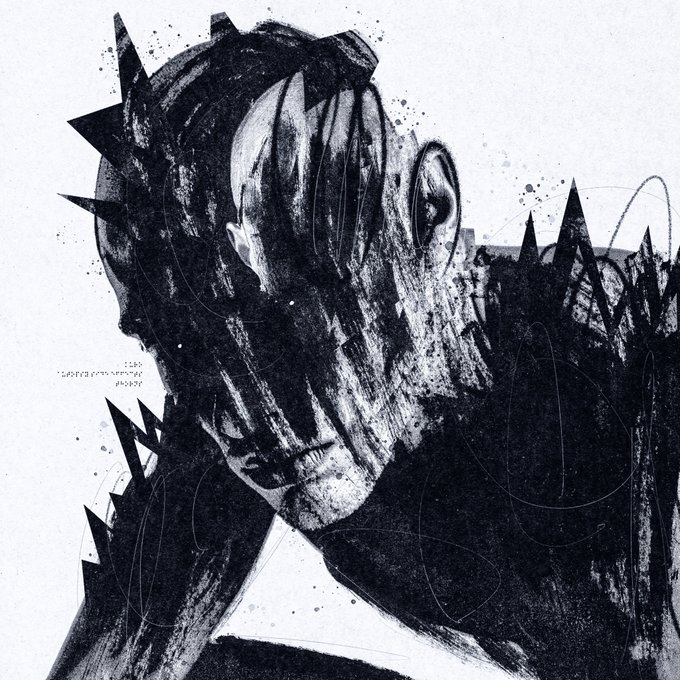 A black and white stylized artwork depicting a humanoid figure with a large, textured eye-like structure on its head, rendered with ink splatters and rough shading.