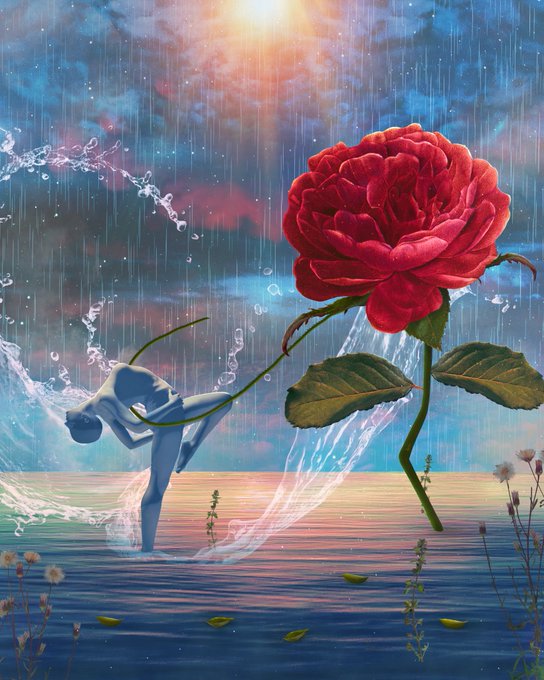 A surreal digital artwork depicting a figure formed from splashing water bowing toward a large red rose under a stormy sky.