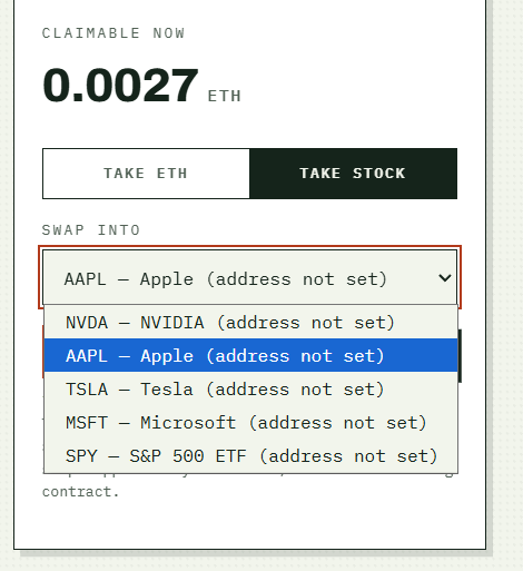 A crypto interface showing '0.0027 ETH' as 'CLAIMABLE NOW' with a dropdown menu for 'SWAP INTO' options including AAPL, NVDA, TSLA, MSFT, and SPY stocks.