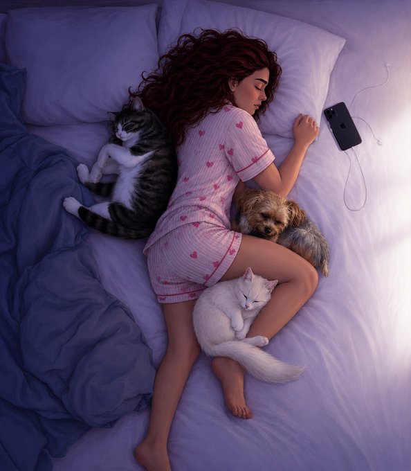 Illustration of a woman sleeping in bed surrounded by three pets (two cats and a dog), with her phone nearby.