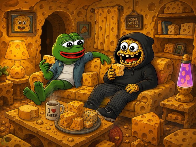Two characters—Frog and a cheese-patterned figure in a hoodie—relax on a cheese-themed couch in a "Home Sweet Cheese" room, enjoying cheese cubes alongside a mug reading "I ♥ CHEESE." The whimsical, cheese-obsessed scene visually reflects the post's promotional vibe for the $Cheese token, tying the meme culture to the contract address (0x696b057564c6b5251a1fd9b90fbf20c454e96666) and Telegram channel (t.me/Cheeseheadcn) shared.