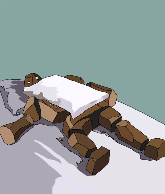 A simple digital illustration of a golem-like creature made of brown rocks with a snow-covered flat top, lying face down on the ground against a plain teal background.