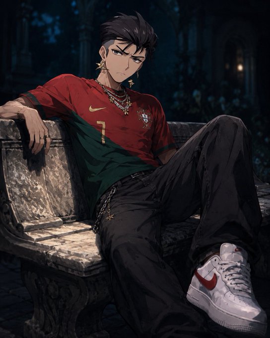 Anime-style digital art of a dark-haired young man wearing a Portugal national team jersey with the number 7, gold chains, and Nike sneakers, posing on a stone bench.