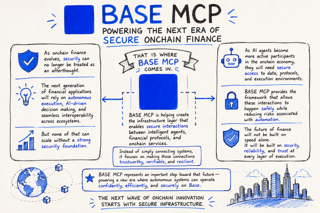 The image features a whiteboard with blue text, discussing the concept of Base MCP (Base Chain Cryptocurrency) and its potential impact on finance. The text explains that Base MCP is a secure onchain finance system that can be used for various purposes such as financial applications, smart contracts, and more. It also highlights how this technology can help in securing transactions and reducing the risk of fraud or theft. The image includes several illustrations related to the concept of Base MCP, including a cityscape with buildings representing different aspects of the finance industry.