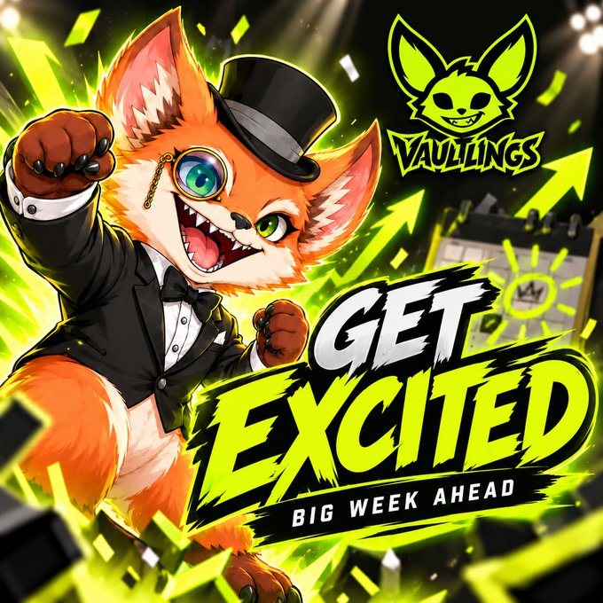 A promotional graphic for 'VAULLINGS' featuring an animated fox in a tuxedo and top hat with the text 'GET EXCITED BIG WEEK AHEAD'.