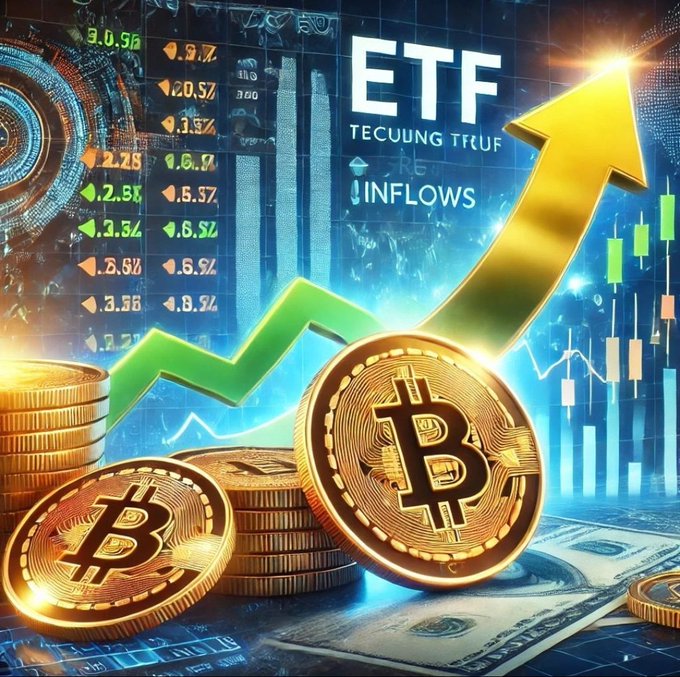 A vibrant financial graphic highlighting 'ETF' and 'INFLOWS' with large upward-pointing green and yellow arrows, accompanied by stacks of Bitcoin coins and various stock market percentages and charts in the background.