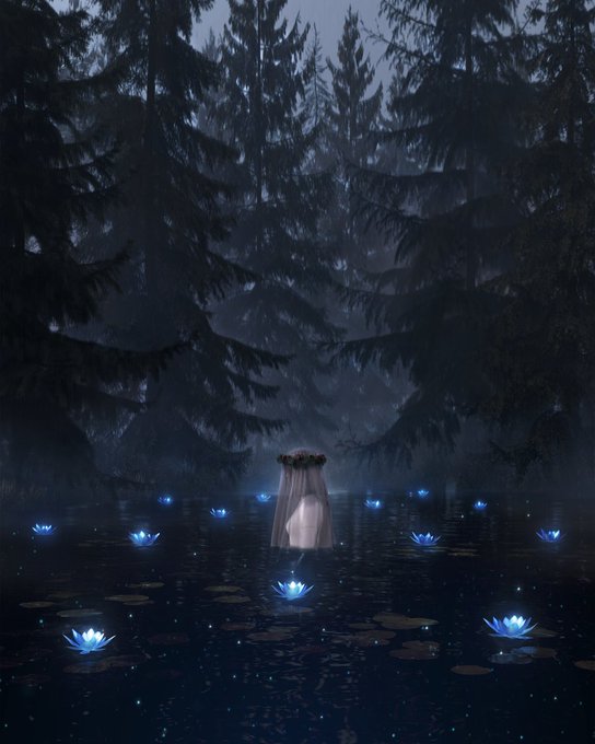 A fantasy scene shows a person wearing a flower crown from behind, surrounded by glowing blue lotus flowers floating on a dark pond in a misty, dense pine forest.