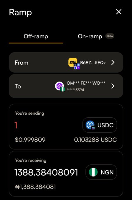 A Moove app "Ramp" interface showing an Off-ramp transaction converting 1 ($0.999809) USDC into ₦1,388.384081 NGN (NGN), transferring from a wallet ending in B6BZ...KEQz to one ending in 3394, illustrating the simple in-app crypto-to-local-currency conversion praised in the post.