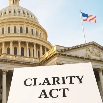 The image shows the U.S. Capitol building with an American flag flying, with a document labeled "CLARITY ACT" in the foreground. This relates to the post about crypto market structure legislation odds, as the CLARITY Act is a key bill being tracked by Kalshi traders for its chances of passing into law before December.