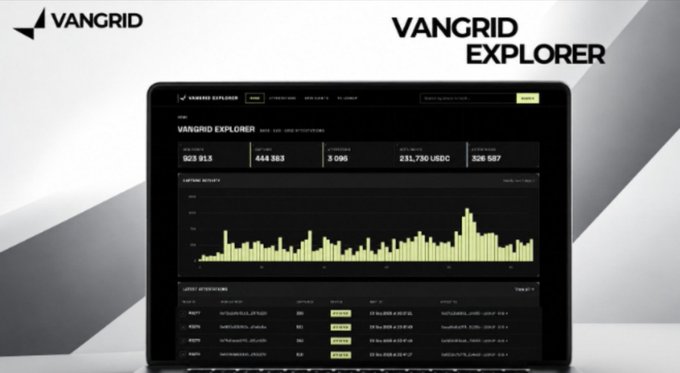 A VANGRID Explorer promotional image shows a laptop displaying a dark crypto dashboard with charts and transaction data.