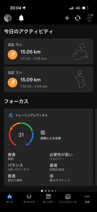 A smartphone screenshot showing the Japanese STEPN fitness app interface, displaying "今日のアクティビティ" (Today's Activity) with two runs in 北区 (Kita Ward) of 15.05 km and 15.09 km, along with a フォーカスタブ (Focus tab) showing a Training Readiness score of 31 (low). The image visualizes the user's achievement of running 15 km before work and another 15 km after work on a weekday, totaling 30 km in one day as mentioned in their post about preparing for an ultramarathon.