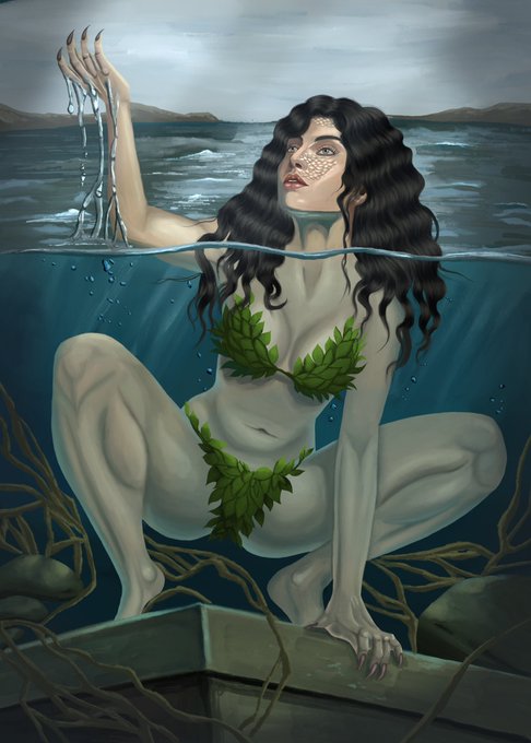 A digital painting of a mythical, aquatic humanoid figure with dark curly hair, scale-like facial markings, and green leaves, crouching underwater with one hand raised above the water's surface.