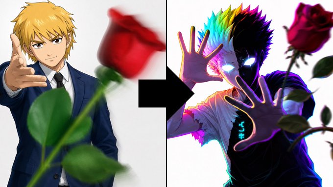 A side-by-side comparison showing an anime character with blonde hair reaching toward a red rose on the left, with an arrow pointing to a transformed neon-colored, dark version of the same character with glowing eyes on the right, alongside Japanese text 'いき', possibly representing an AI art transformation.