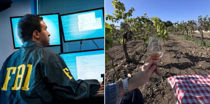 An FBI agent wearing a jacket labeled "FBI" works at a computer (left), while another image shows a hand holding a glass of red wine in a vineyard (right), together illustrating the investigation of an FBI counterintelligence agent who allegedly stole nearly $1 million in crypto from a criminal target using seized credentials.