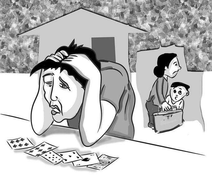 A black and white cartoon illustration depicting a distressed man at a gambling table with playing cards, while in the background a worried mother leads a child away with a suitcase.