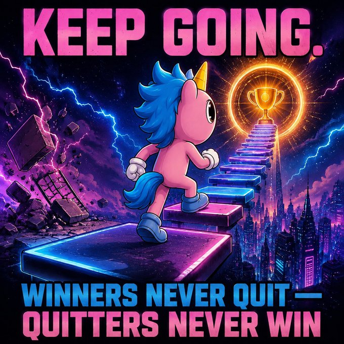 A pink cartoon unicorn runs up glowing neon stairs toward a golden trophy, with bold text reading "KEEP GOING. WINNERS NEVER QUIT — QUITTERS NEVER WIN."

The motivational imagery of a relentless unicorn pursuing victory at the top reinforces the post's message about $UFD being driven by genuine grassroots passion rather than paid promoters—those committed to the project's original crypto ethos keep climbing toward success while paid shills will abandon ship.