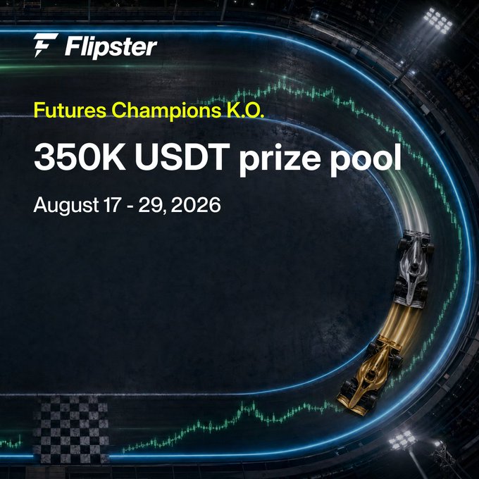 This image announces Flipster's "Futures Champions K.O." competition from August 17-29, 2026, with a 350K USDT prize pool, illustrated by racing cars on a track overlayed with a stock chart.