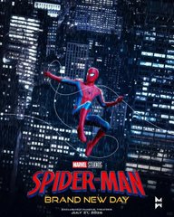 A poster for Marvel's Spider-Man: Brand New Day, showing Spider-Man swinging through a city at night.
