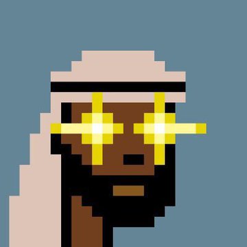A pixel art depiction of a dark-skinned figure wearing a white headdress and glowing yellow cross-shaped glasses, resembling a stylized NFT avatar. The image appears to be a playful, crypto-themed meme about re-engaging with old NFT collections from The Saudis and Chog NFT projects on Robinhood.