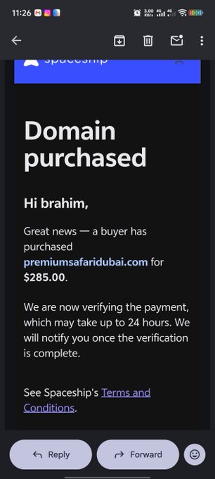 A mobile email screenshot showing a Spaceship notification that a domain 'premiumsafaridubai.com' has been purchased for $285.00, addressed to 'brahim'.
