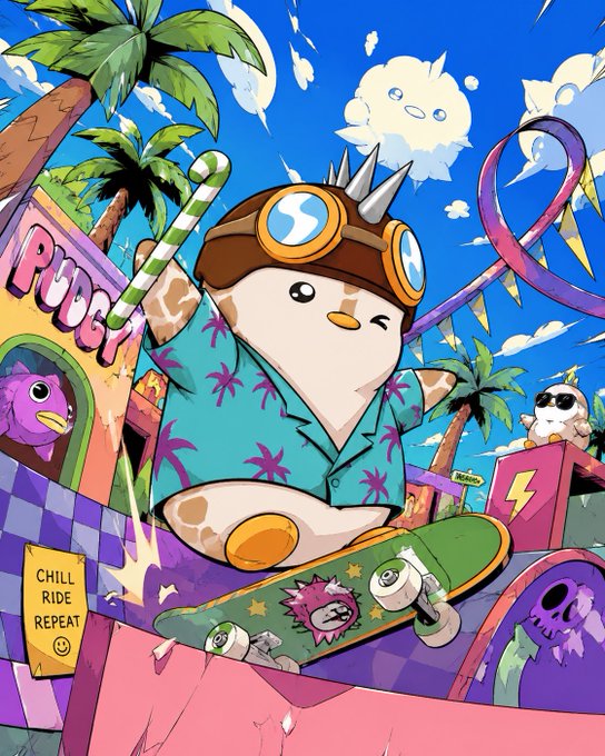 A vibrant cartoon illustration of a penguin-like character wearing goggles and a Hawaiian shirt, riding a skateboard with palm trees and clouds in the background, labeled 'CHILL RIDE REPEAT'.