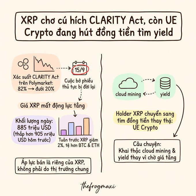 This infographic explains that XRP's price momentum is fading due to the CLARITY Act's passing probability dropping from 82% to below 20%, with a key vote delayed until 15/9. It suggests XRP holders are shifting funds to UE Crypto to seek yields via cloud mining instead of waiting for price increases.