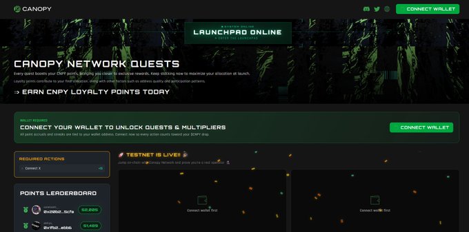 This screenshot of a website is related to launching a blockchain network called CNPY Network. The main focus of this website is to provide information for users interested in participating as online network guests by connecting their wallet to network participants or joining a community. It also offers an opportunity to connect one's wallet to the network, which means they can exchange funds and participate in trading activities with other users on CNPY Network. The site provides instructions and details about how to join the blockchain network, making it a helpful resource for those new to the platform.