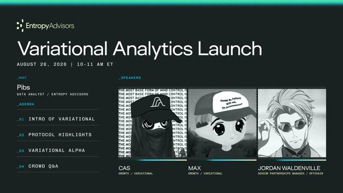 The image is a promotional graphic for the "Variational Analytics Launch" hosted by Entropy Advisors on August 26, 2026, at 10-11 AM ET, featuring speakers Cas (Growth/Variational), Max (Growth/Variational), and Jordan Waldenville (Senior Partnerships Manager/Offchain Labs), with host Pibs (Data Analyst/Entropy Advisors). The agenda includes an intro to Variational, protocol highlights, Variational alpha, and crowd Q&A. The image directly corresponds to the post announcing the X Spaces discussion about Variational and Arbitrum, with speaker handles matching the tagged individuals (@jrdnwaldenville, @0xMGB, @cas3333333, @0xpibs).