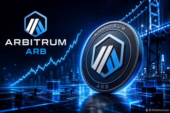 A promotional graphic featuring the Arbitrum (ARB) cryptocurrency logo and branding, displaying a metallic 3D ARB coin beside an upward-trending blue line chart against a futuristic cityscape backdrop.